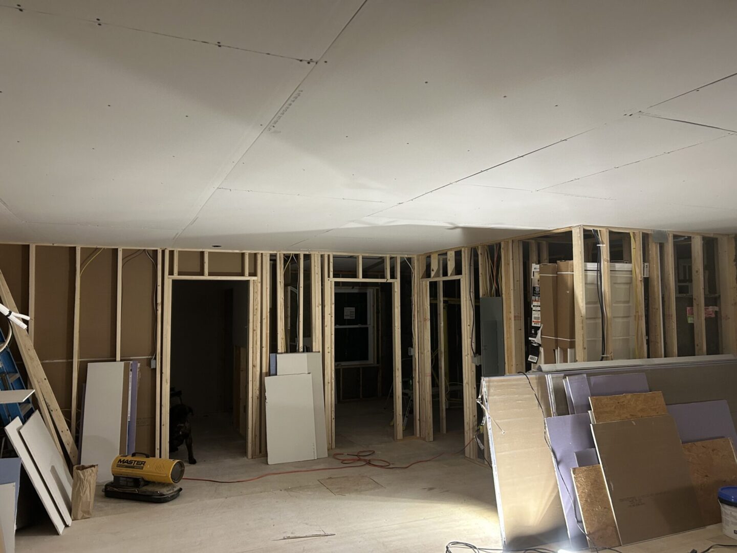 Construction site with exposed wooden framing